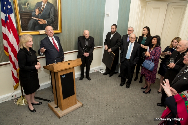 U.S. Senator Kirsten Gillibrand at podium with Rabbi Arthur Schneier, KirstenGillibrand,ArthurSchneier,S-120HughScottRoom, KirstenGillibrand, ezra friedlander