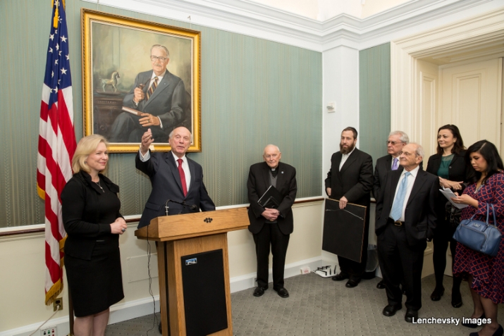 U.S. Senator Kirsten Gillibrand at podium with Rabbi Arthur Schneier, KirstenGillibrand,ArthurSchneier,S-120HughScottRoom, KirstenGillibrand, ezra friedlander